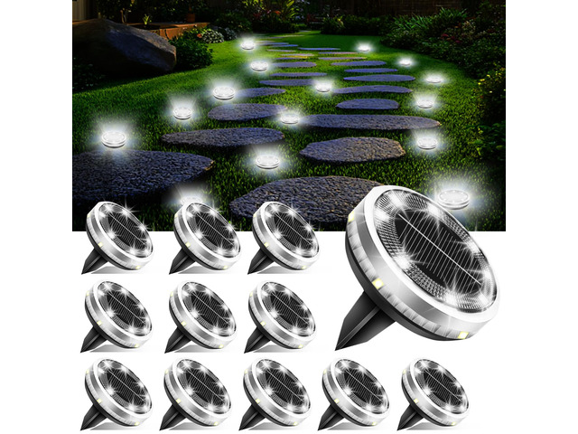 Solar Ground Lights Outdoor 12 Pack Waterproof Upgraded Flat Solar Garden Lights with 4 Side Light Stainless Steel Solar Powered Disc Light for...