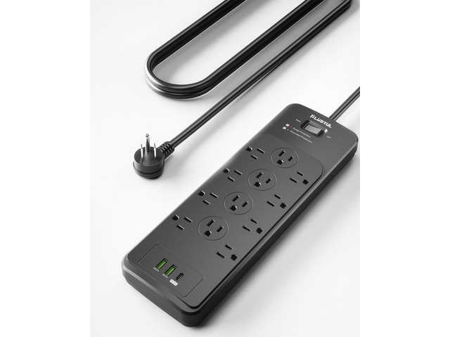 Surge Protector Power Strip 5FT Black Surge Protector with 12 Outlets - Spacious Design for Large Plugs, Flat Plug, 4080J, 20W USB C Charging,...