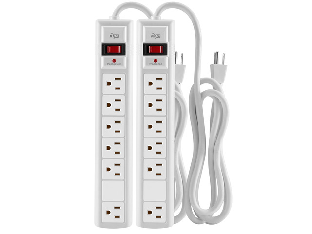 6-Outlet Surge Protector Power Strip, 2-Pack, 1200 Joules, 6ft Cord, Adapter Spaced Outlet, Overload Protection, White