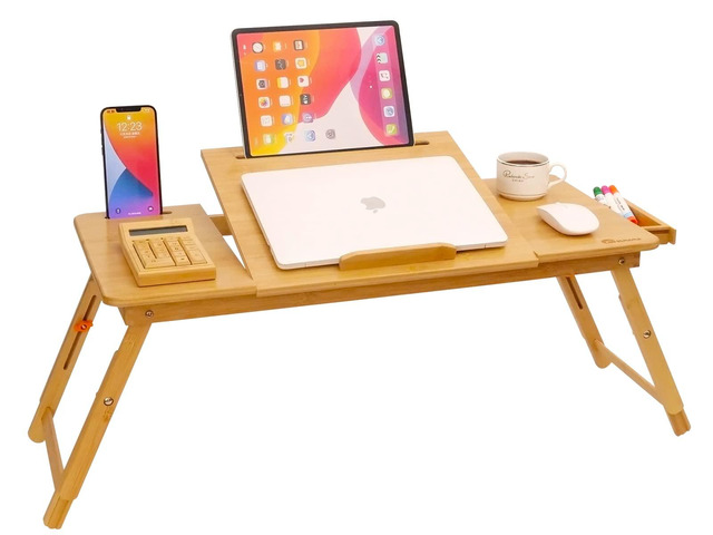 Lap Desk Laptop Table Bamboo Writing Eating Bed Tray Adjustable Angle Height Foldable Desk Tray with Tablet Slot Drawer Breakfast Coffee Tea Table...