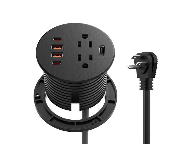 Desk Power Grommet with HDMI, 35W USB-C Fast Charging, 3-1/4' Recessed Power Grommet, 2 Outlets, 4 USB Ports, Flush Mount for Furniture Cabinet...