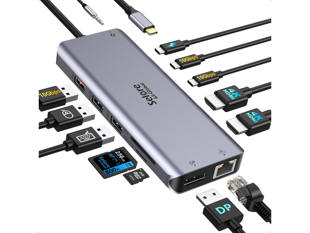 Selore USB C Docking Station Dual Monitor 13 in 1 USB-C Multiport Adapter 2HDMI + DisplayPort, 100W PD, USB 3.0, SD/microSD, Gigabit Ethernet,...