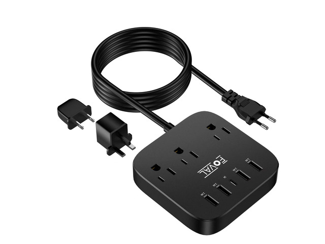 European Travel Plug Adapter, EU UK US Power Strip with USB C and 4 USB Ports, 3 AC Outlets, Wall Mountable, 5ft Extension Cord, Compact for...