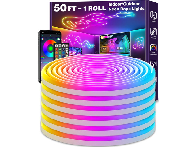 50Ft Neon Rope Lights,Flexible Led Rope Lights Control with App/Remote,Multiple Modes Rope Lights,IP65 Outdoor RGB Led Neon Lights Waterproof,Music...