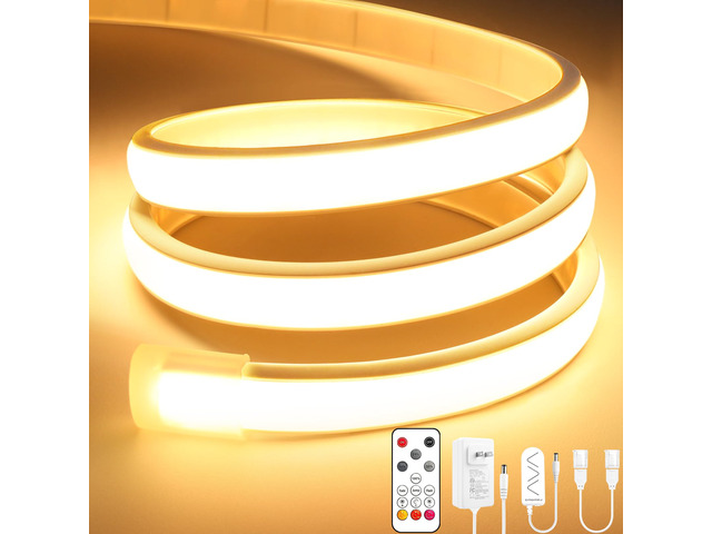 COB LED Strip Lights Pro, 16.4Ft Warm White Dimmable Self-Adhesive Led Rope Light with Remote, Flexible Cuttable Waterproof 3000K Silicone Neon...