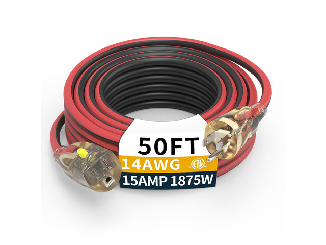 50FT Medium Duty Outdoor Extension Cords, 14/3 Gauge Electrical Wire Cable, 15 Amp Waterproof, LED Lighted Locking Plug for Indoor and Outside Use,...