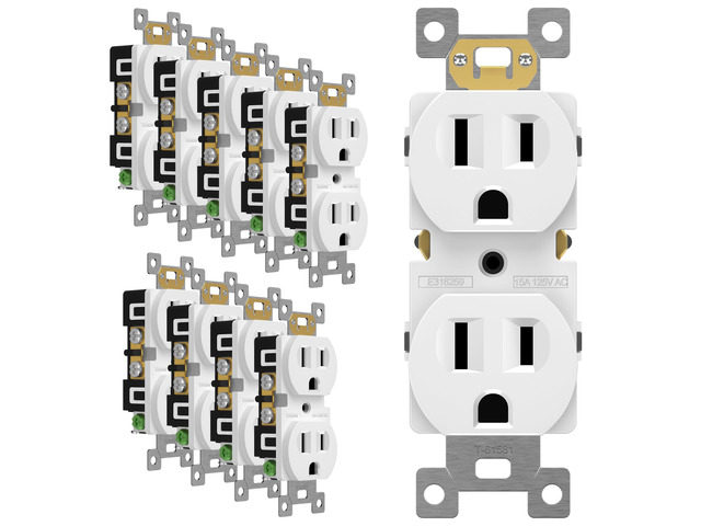 10 Pack Duplex Wall Outlet, 15 Amp Electrical Receptacle, White 15A 125V, self-grounding, 2-Pole, 3-Wire, shallow body design, UL Listed,...