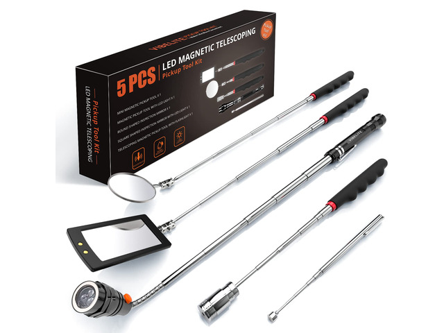 Magnetic Pickup Tool Kit with LED Light & Inspection Mirror Telescoping Rod 1lb & 15lb Lift, 360° Swivel Inspection Mirror, Flexible LED Flashlight,...