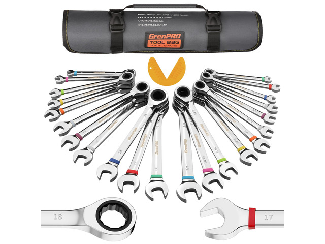 23PC Ratcheting Combination Wrench Set SAE Metric Mechanic Tools 1/4'-3/4'&6-18MM with Bolt Gauge, CR-V Steel 72-Tooth 5-Degree Swing 12Pt, Color...