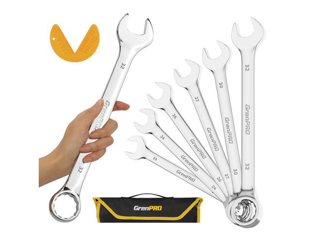 7PC Metric Large Wrench Set, 23-32MM Combination Open End Wrenches Includes 23mm 24mm 26mm 27mm 30mm 32mm Long Wrenches Sets, 15° Offset 12-Point...