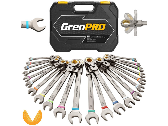 23PC Flex Head Ratcheting Wrench Set Metric & SAE OpenEnd Combination 1/4'-3/4'&6-18MM Bolt Gauge, Gray Nickel CR-V 72-Tooth 5-Degree Swing 12Pt...
