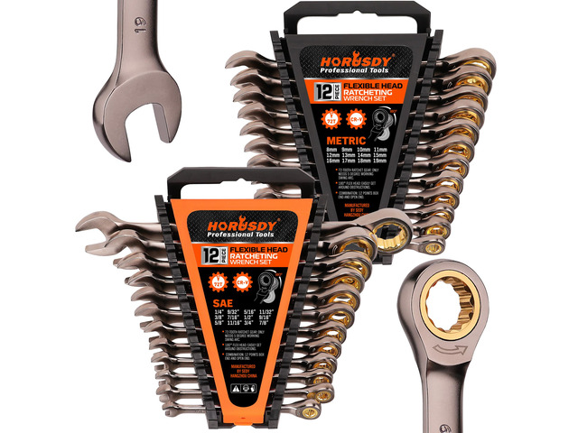 24-Piece Ratcheting Wrench Set Metric and SAE 8-19 mm & 1/4 to 7/8 Ratchet Combination Wrenches Set with Organizer 72-Teeth Chrome...