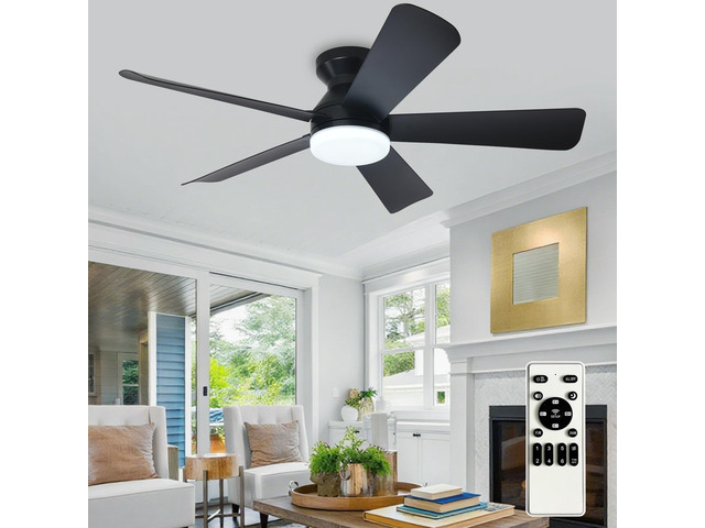 Modern Ceiling Fan with Light: 42-Inch Black Small Fans for Bedroom Indoor Outdoor - Dimmable Low Profile Ceiling Fans with Remote Control Flush...