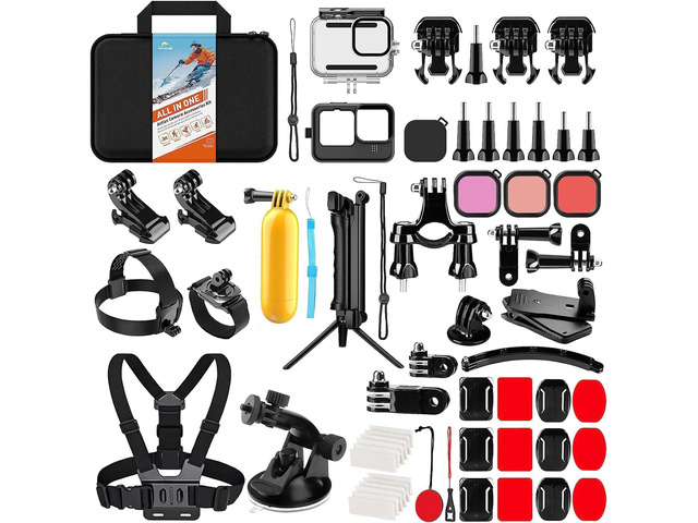 Action Camera Accessories Kit for GoPro Hero 13 12 11 10 9 Black Waterproof Housing+Silicone Case+ Adjustable Arm+Head Chest Wrist Strap+Bike...