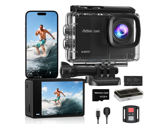 4K 60FPS Action Camera with 64GB Card-48MP Waterproof Camera,40M Underwater Camera,8X Zoom,EIS Stabilization,WiFi,Remote Control,MotorcycleCamera...