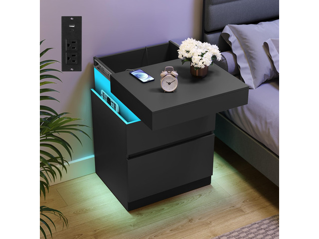 Black Nightstands, Charging Station, LED Lights,2 Drawers Bedside Table, 2 AC Outlets, 2 USB Ports, 18.9 x 15.7 x 26.8 Inches, Ink Black, KAILYN...