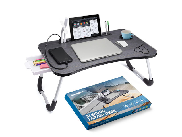Bed Desk for Laptop and Writing with Storage, Cup Holder, Light Fan, Pen Holder,Tablet Holder,Foldable, for Bed, Couch, Floor, Portable,Black