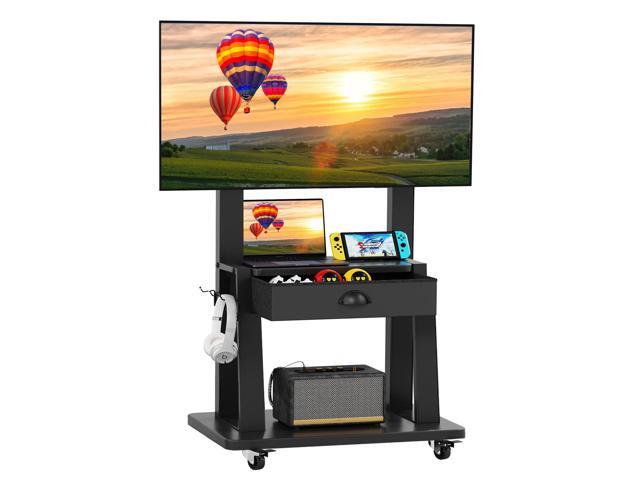 Mobile TV Cart with Drawer,for 23-75 inch Flat/Curved Screen Up to 120lbs,Adjustable Height Rolling TVs Floor Stand with 2 Tiers Shelves,Locking.