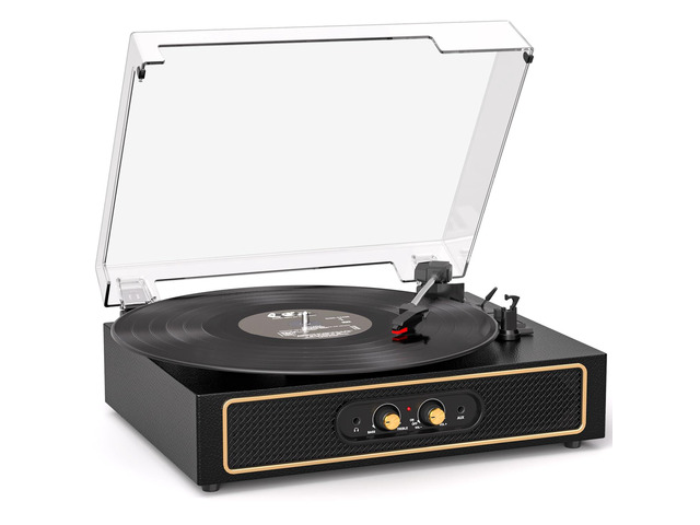 Retro Bluetooth Record Player with Built-in Speakers, 3-Speed Belt-Drive Turntable, Bass & Treble Control, Compact Vinyl Player with Transparent...