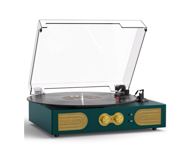 Vinyl Record Player Vintage 3-Speed Turntable with Built-in Stereo Speakers, Bass/Treble Control, Headphone Jack, RCA Output,AUX Input, Belt-Driven...