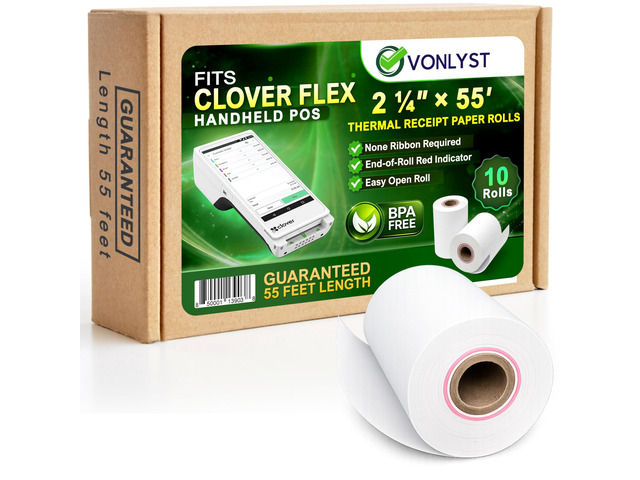 Clover Flex Paper Rolls 2 1/4' x 55 Thermal Receipt Paper 10 Rolls Pack - BPA Free POS Printer & Credit Card Machine Compatible C400 C401 C403...