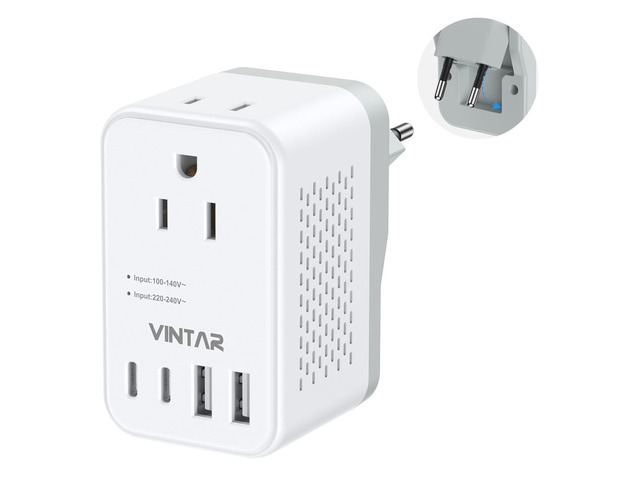 Foldable 220V to 110V Travel Voltage Converter US to Europe, 2000W European Travel Plug Adapter, 2 Outlets, 4 USB Ports(2 USB-C), Step Down...
