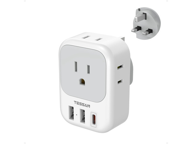 US to UK Plug Adapter PD 20W, Type G Travel Converter 3 USB Charger(1 USB C Port), 4 Outlets, USA to Ireland Qatar Hong Kong England Scotland Kenya...