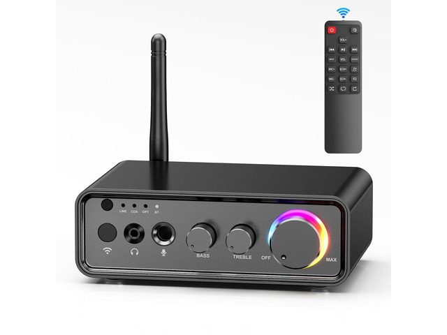 M19 BT Amplifier Stereo Receiver, Bluetooth 5.3 Mini Amplifier 2 Channels 100W x2 HiFi Class D Amp with RCA/Optical/Coaxial/Mic Input and Bass...