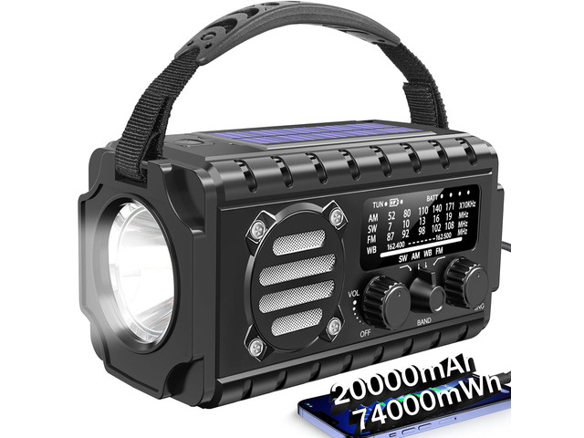 Emergency Radio Hand Crank Solar, AM/FM/SW NOAA Weather Radio Built-in 20000mah Large Battery Powered,Type-C Charger,Flashlight, Reading Light,SOS,...