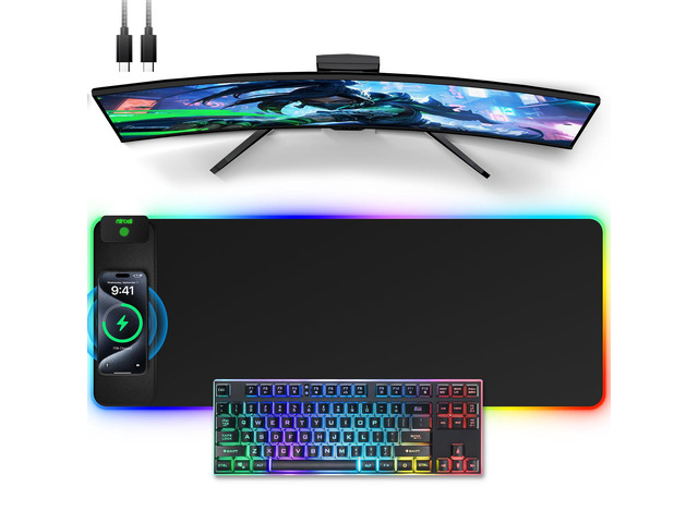 Wireless Charging Mouse Pad, 31.5'x11.81' XL Gaming Mousepad with 11 RGB Colors & 5 Lighting Modes, Home Office Large Desk Pad, Ultra-Smooth...
