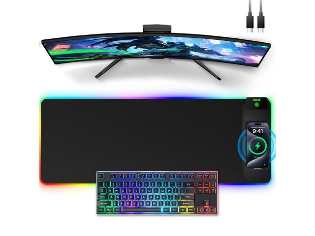 Wireless Charging Mouse Pad, 31.5'x11.81' XL Gaming Mousepad with 11 RGB Colors & 5 Lighting Modes, Home Office Large Desk Pad, Ultra-Smooth...