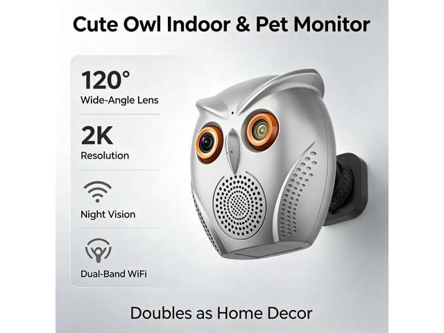 Picturesky 2K Owl-Shaped Pet Camera Indoor, Night Vision with 120° Wide Angle, Two-Way Audio Indoor Mini Surveillance Camera with Speaker, Motion...