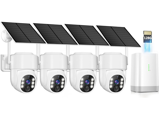 Picturesky 4-Pack 4MP Solar Security Camera System with 4-Channel Base Station & 128GB TF Card, PIR Detection, 2-Way Talk