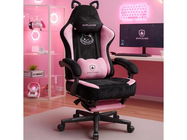 Pink Gaming Chair Cute with Cat Ears Ergonomic Computer Chair with Cat Embroidery Adjustable Memory Foam Lumbar Support and Headrest Comfortable...