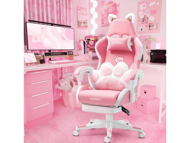 Cat Ears Gaming Chair - Pink PU Leather Ergonomic Reclining Office Chair with Footrest, 310lb Capacity, 6-Position Recline, 360°