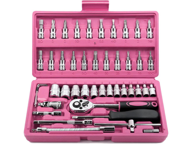 46 Pieces 1/4 inch Drive Socket Ratchet Wrench Set, with Bit Socket Set Metric and Extension Bar for Auto Repairing and Household, with Pink...