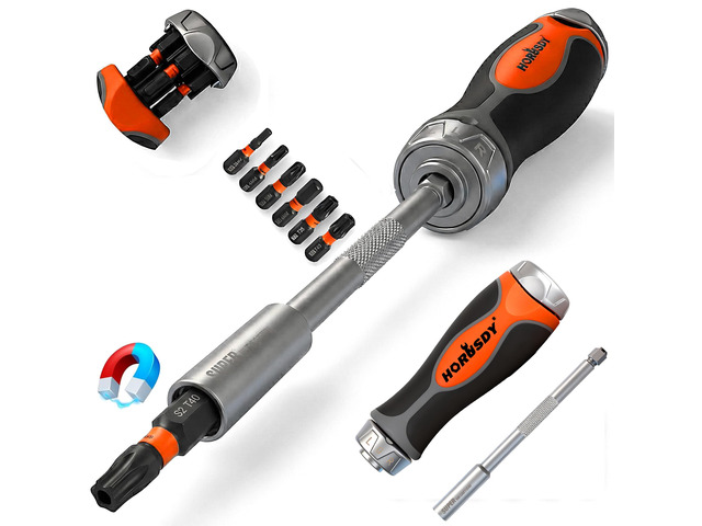 6-in-1 Ratcheting Screwdriver Set, Magnetic Multi-Bit Screwdriver with Built-in Premium S2 Bits & 126mm Extension Bar, Dad Mens Gifts for...