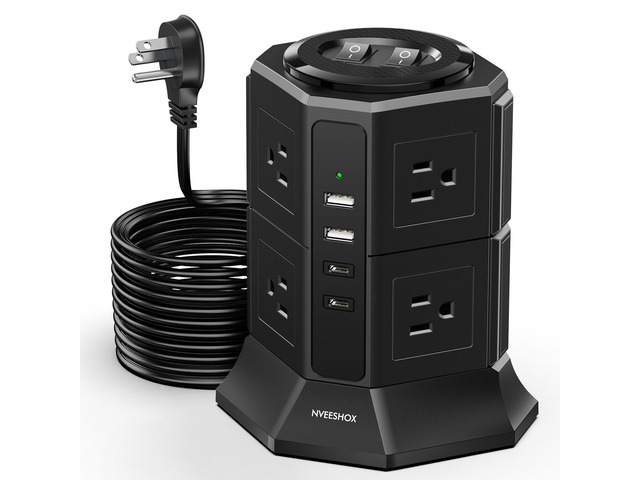 Surge Protector Power Strip Tower with 4 USB Ports(2 Type C) 8 AC Outlets 10Ft Thin Flat Extension Cord with Multiple Outlets, Thin Flat Plug Power...