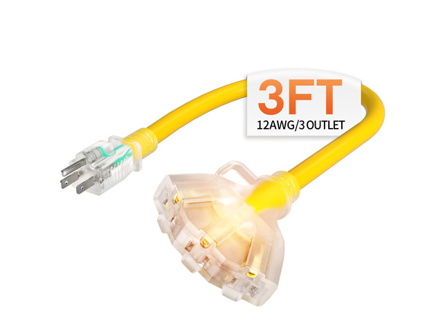 3 FT 12 Gauge Heavy Duty Extension Cord with Multiple Outlets 3 Feet 3 Outlet Yellow Extension Cord Heavy Duty, Indicator, Flexible Waterproof...