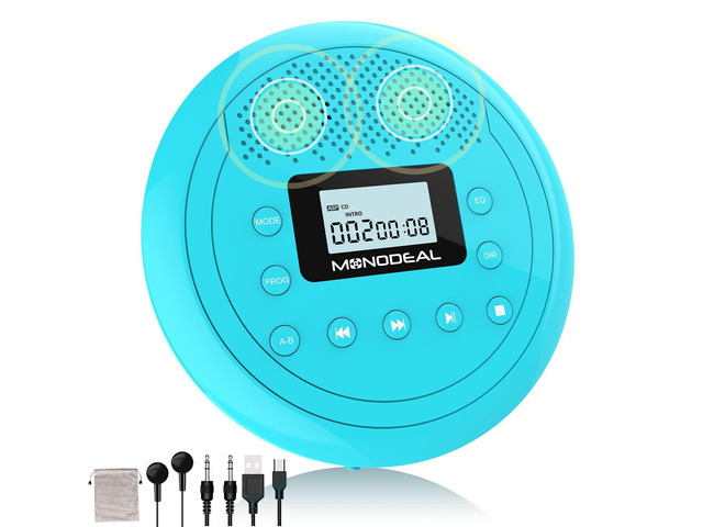 CD Player Portable Speaker Built-in Rechargeable CD Player for Car and Home, Anti-Skip Player with Headphones(Cyan-Blue)