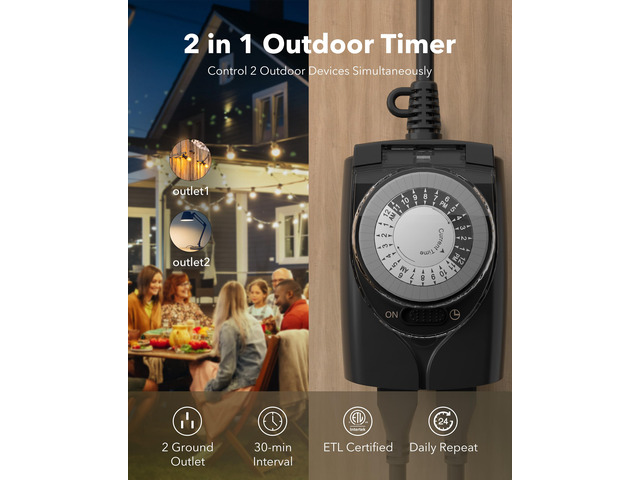 Outdoor Timer Outlet Waterproof, 24 Hour Mechanical Light Timers for Electrical Outlets Outdoor Weatherproof, 4-Pack 2 Grounded Outlets for...