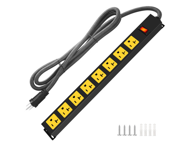 20Amp Power Strip Surge Protector, Long Metal 8-Outlets, Yellow, 15FT Wall Mount 12 Gauge Heavy Duty Extension Cord with 20a Multiple Outlets for...