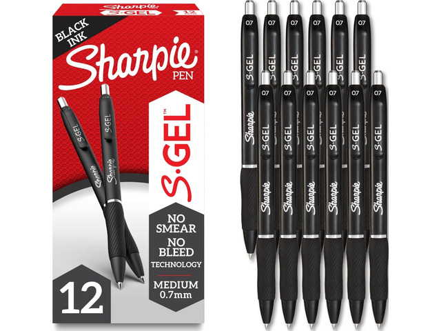 S-Gel Gel Pens, Black Barrel, Medium Point (0.7mm), Black Gel Ink, 12 Count - Home, Office, School, Journaling, Writing, Note-Taking, Teacher Supplies