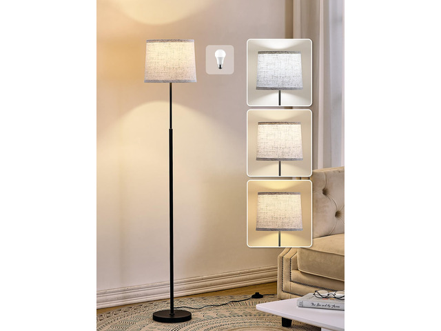 60' Modern Floor Lamp with Linen Shade, 3 Color LED Bulb & Foot Switch Standing Lamp with Dimmable A19 9W 3 Color Temperature Bulb, Tall Lamp for...