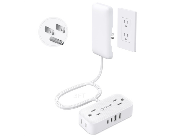 3ft Flat Extension Cord with Ultra-Thin Outlet Cover, 1250W, White Flat Wall Plug Power Strip with 4 AC & 4 USB Ports(2 USB C), 900J Surge...