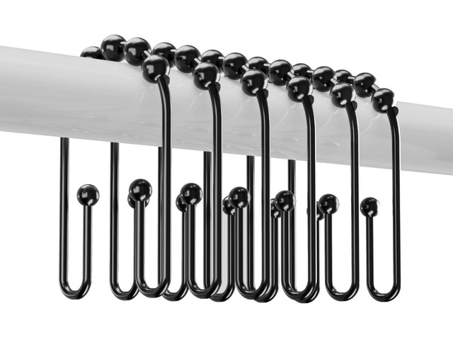 U Shaped Shower Curtain Hooks Rings, Black, 12 Pcs Durable Rust Resistant Metal, Double Glide Smoothly, Anti-Drop, For Shower Curtain Rod