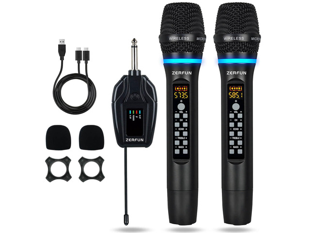 Dual Wireless Microphones Rechargeable, UHF Metal Wireless Mic System Cordless Microphone Professional with Echo Treble BASS VOL Channel Control...