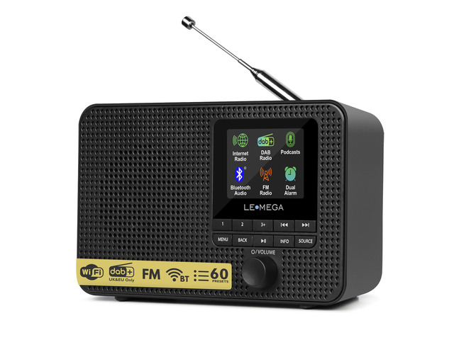 IR1 Internet Radio, Podcasts, Bluetooth, FM, Black Alarm clock, full colour display, mains or AA battery, compact kitchen radio, snooze, sleep...