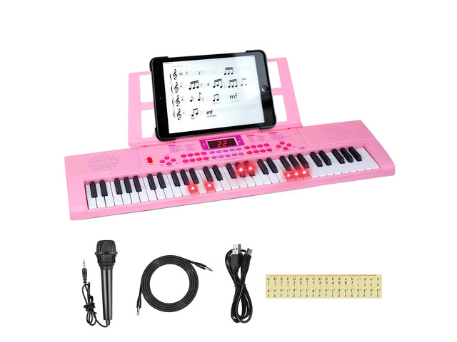 Kids Keyboard Piano, 61 Light-up Key Electric Piano Musical Learning Toy for Beginners with Microphone, Music Stand, Notekey Sticker, Birthday Xmas...