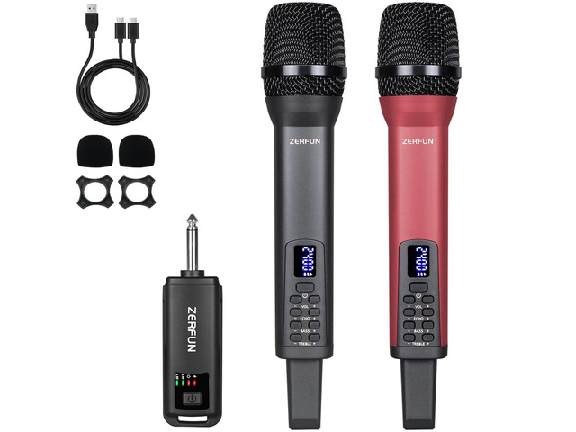 Dual Rechargeable Wireless Microphones, Pro Handheld Cordless Mics System with Echo Treble BASS VOL Control for Karaoke Singing Church Party, 1/4''...